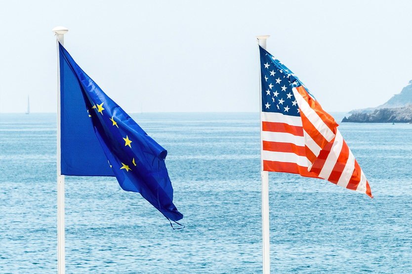 Flaggen EU und USA zur TTIP-Verhandlungsrunde.