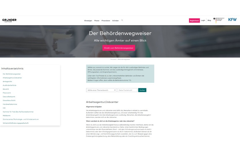 Screenshot der Website BMWi-Behördenwegweiser