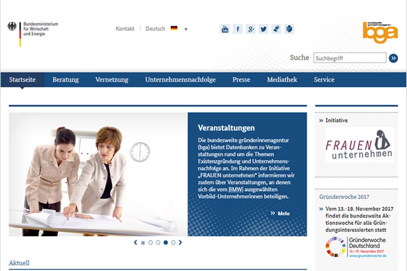 Screenshot der Website www.existenzgruenderinnen.de