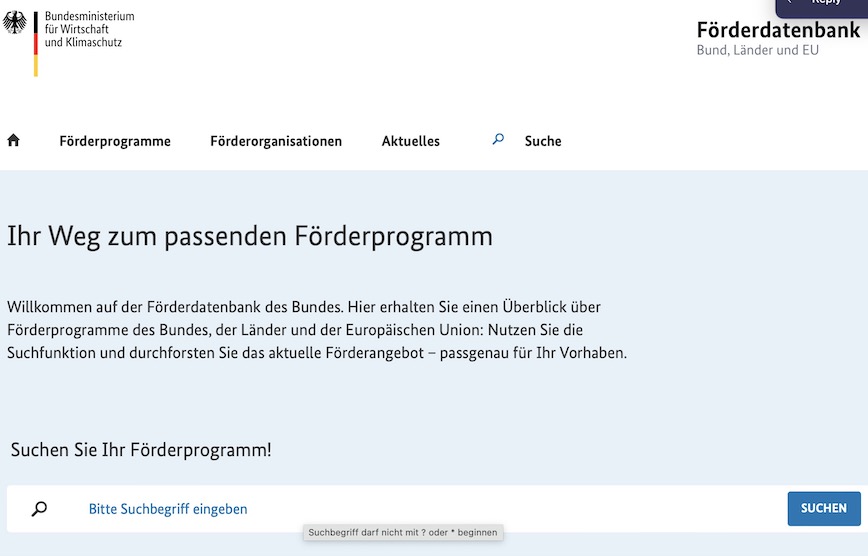 Screenshot der Website Förderdatenbank