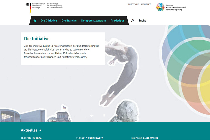 Screenshot der Website Initiative Kultur- und Kreativwirtschaft der Bundesregierung