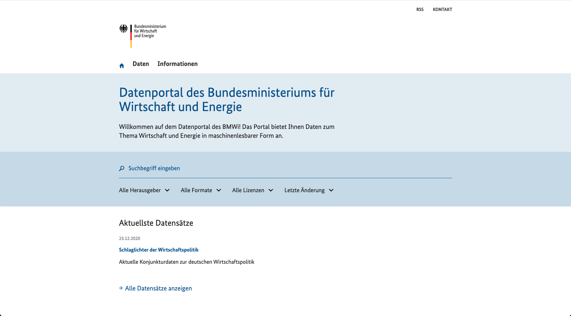 Screenshot der Website Datenportal des Bundesministeriums für Wirtschaft und Energie