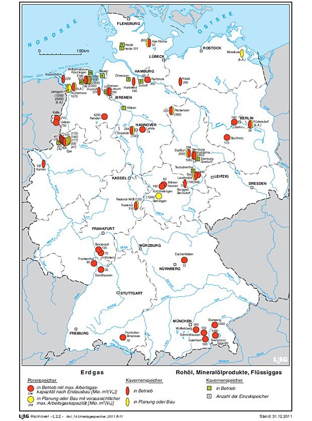 Übersichtskarte der Untertagespeicher für Erdgas, Rohöl, Mineralölprodukte und Flüssiggas; Quelle: LBEG Hannover