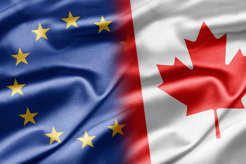 Drapeaux de l'Union européenne et le Canada symbolisent l'Accord Économique et Commercial Global - AECG ; Source : istockphoto.com/Ruskpp